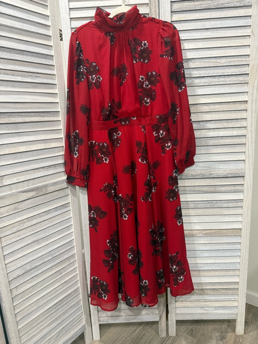 eshakti Red Floral High-Neck Long Sleeve Midi Dress